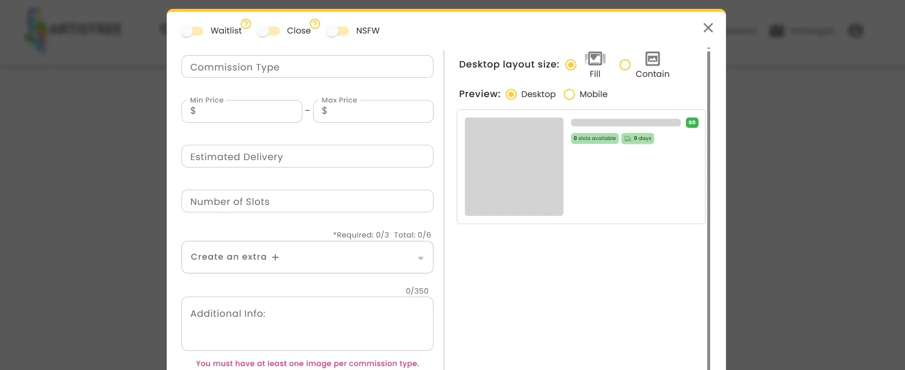 Artistree dashboard