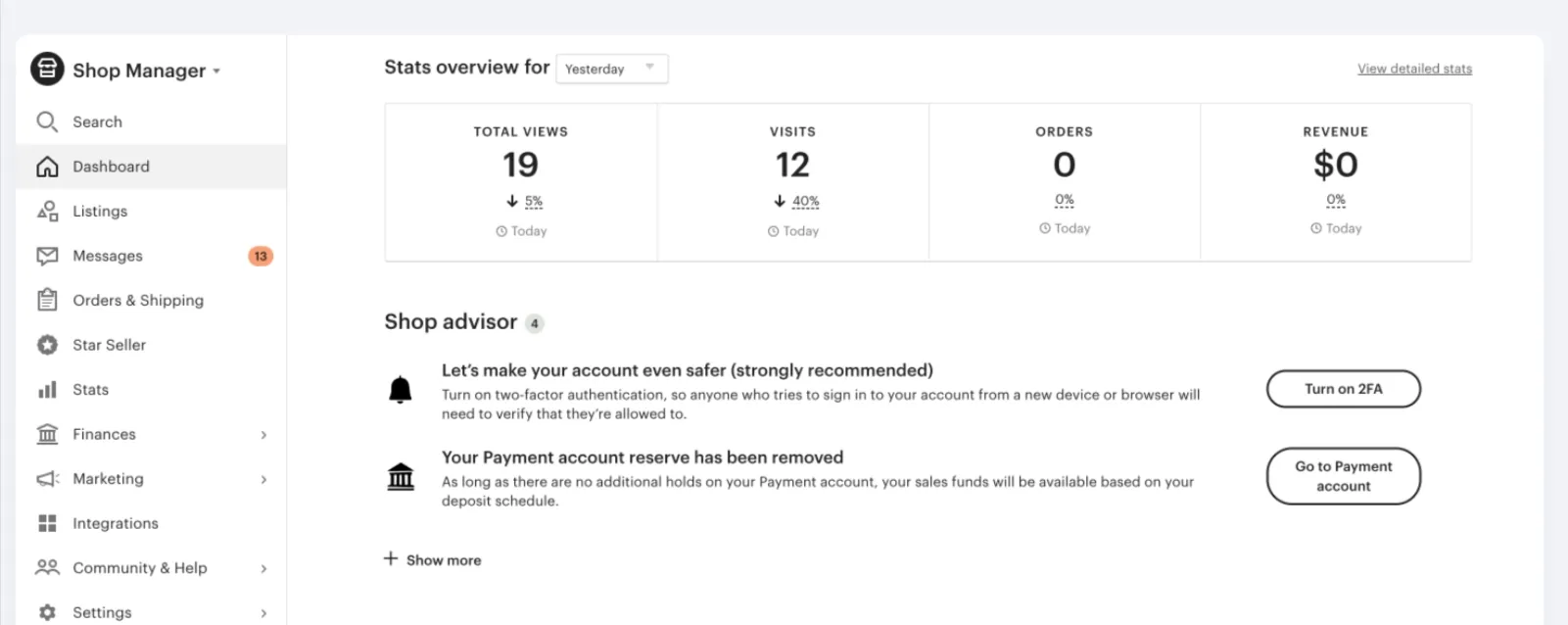 Etsy dashboard