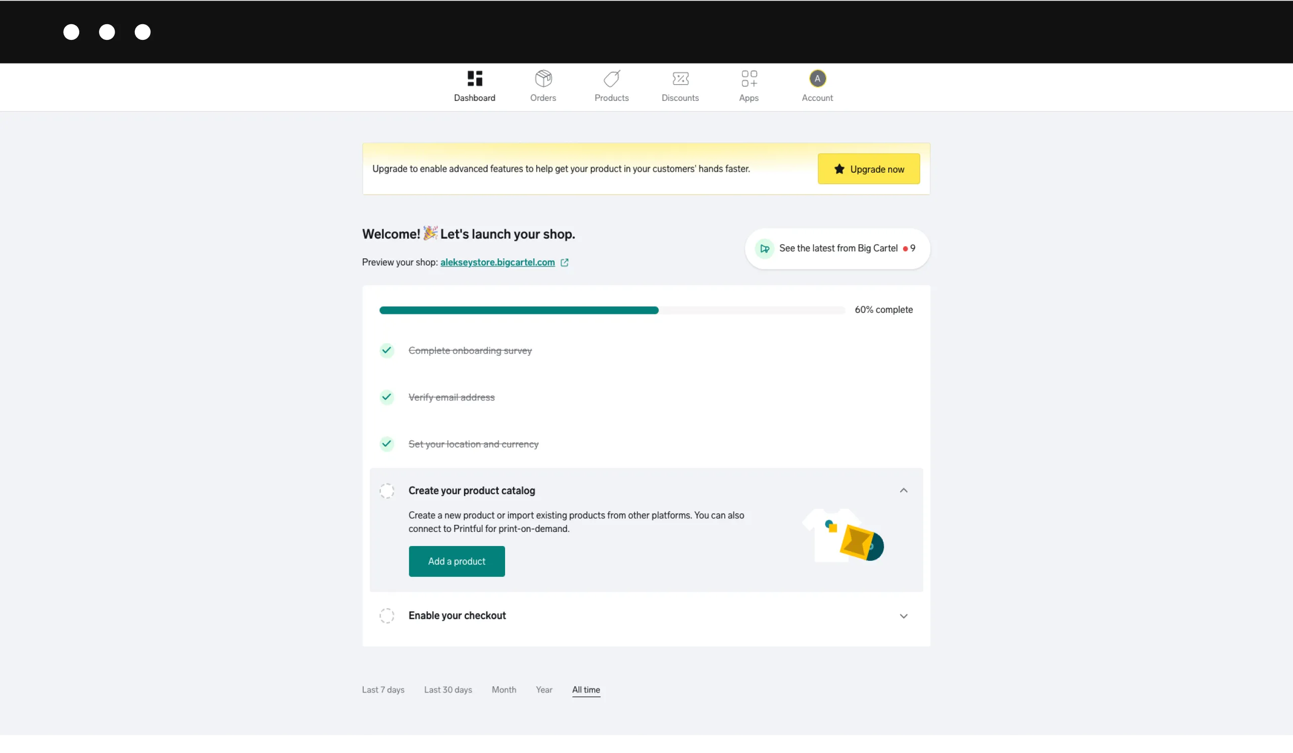 Big Cartel dashboard