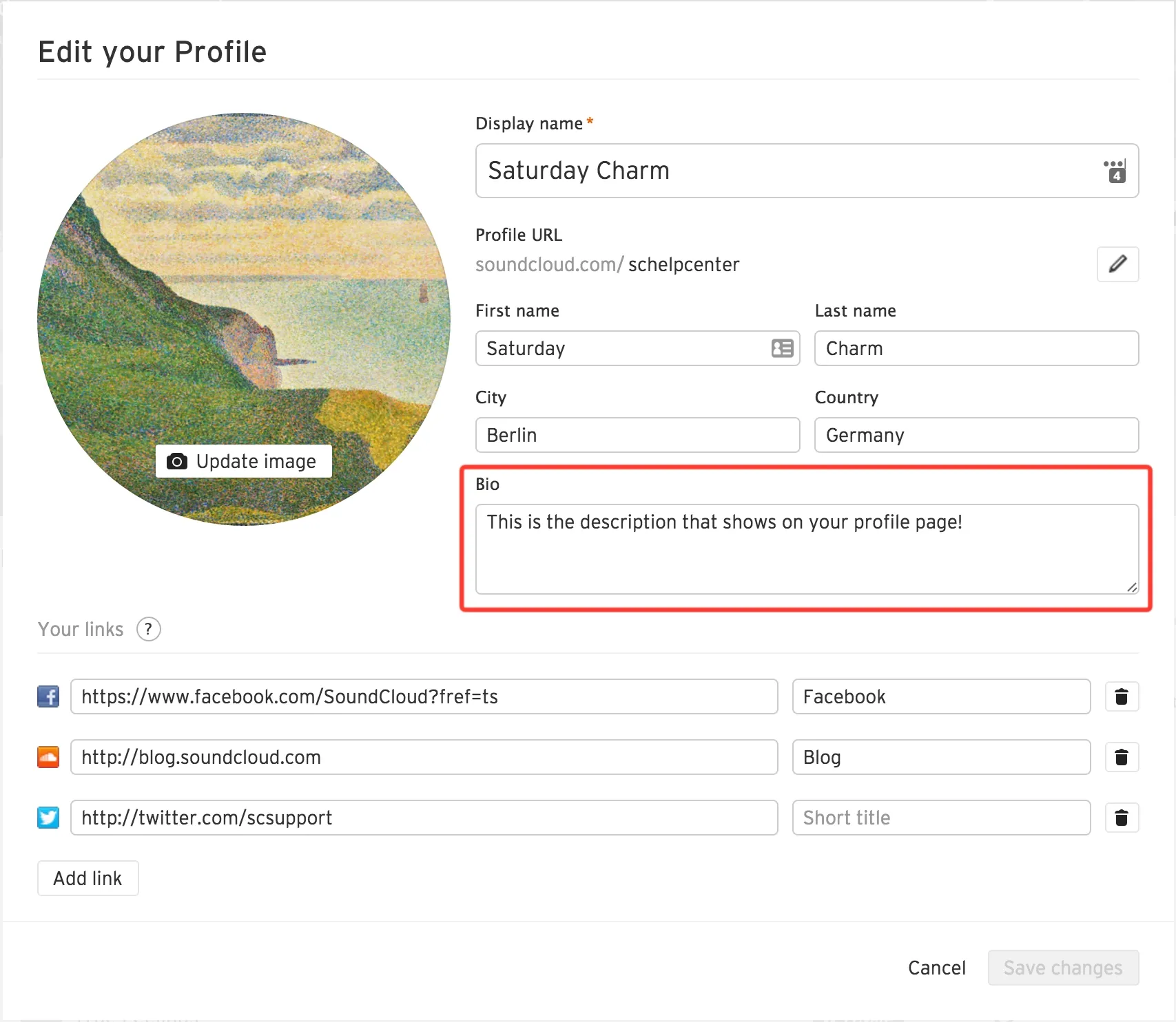 Edit profile in SoundCloud