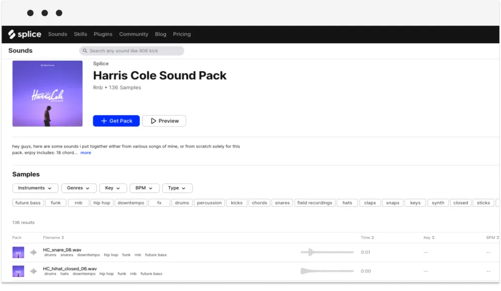 Il produttore Harris Cole vende i suoi pacchetti audio sia sul suo [negozio Sellfy](https://harriscole.sellfy.store/) che sul marketplace di audio [Splice](https://splice.com/sounds/splice/harris-cole-sound-pack).