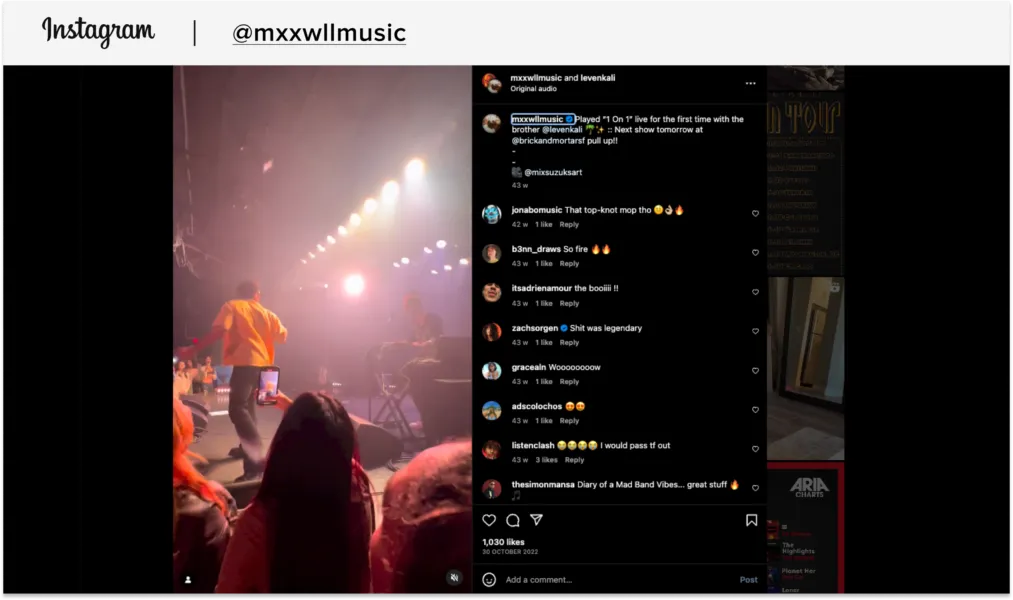 L’utente di Sellfy– [producer Mxxwll](https://mxxwll.sellfy.store/) – condivide video delle sue esibizioni dal vivo sul suo account Instagram.