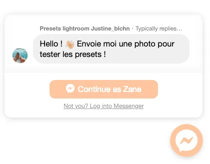 Justine uses the FB Messenger chat on her Sellfy store to encourage visitors to send her photos to test her presets.
