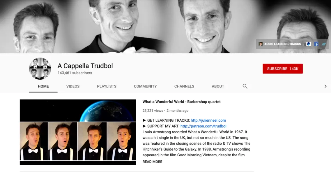 Julien's YouTube channel 'A Capella Trudbol'