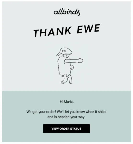 [Allbirds](https://www.allbirds.com) sells footwear made from high-quality Merino wool from New Zealand, and with a tad of creativity and some clever copy, they’ve managed to weave in an ewe into their Thank You email.