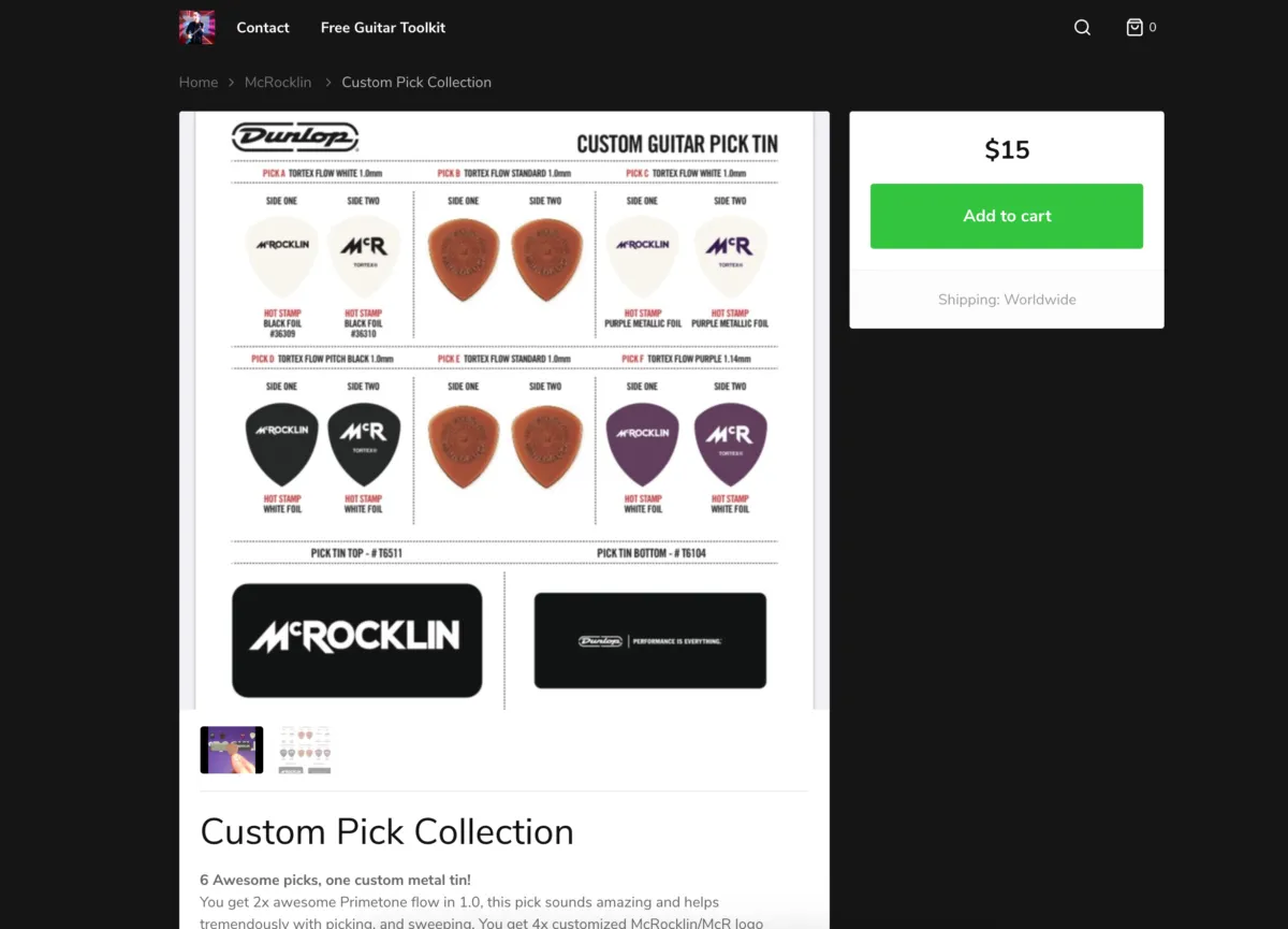 McRocklin custom guitar pick collection sold on Thomas' Sellfy store.