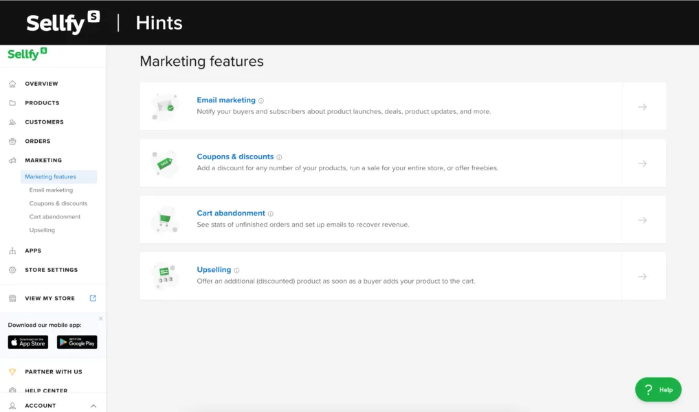 Sellfy dashboard — Marketing features
