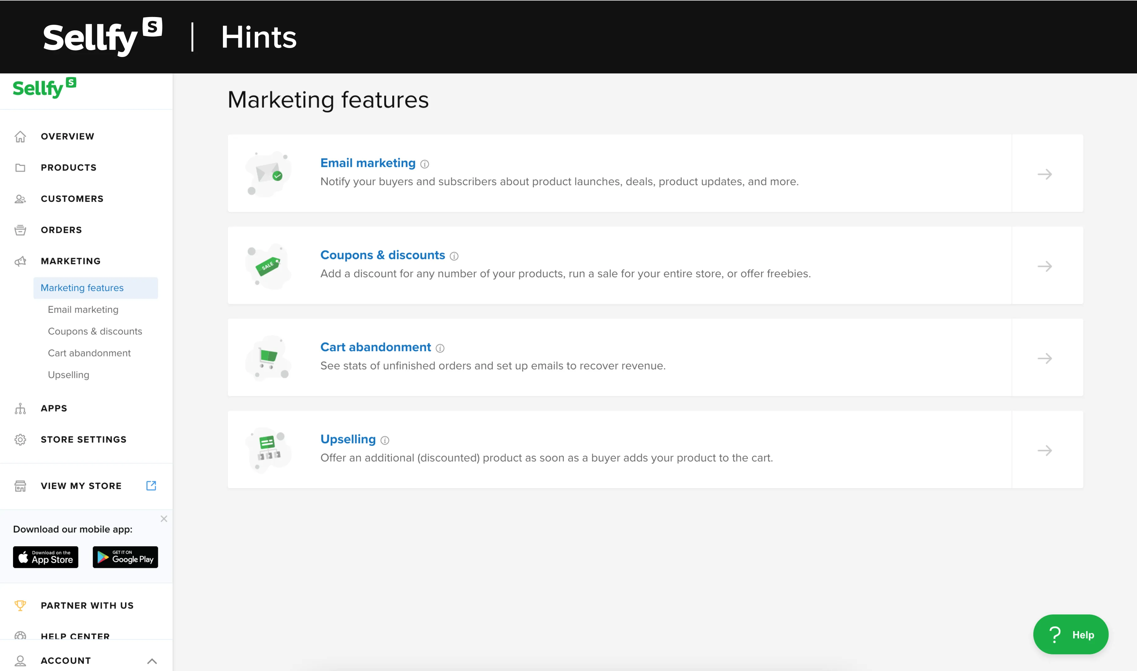 Sellfy dashboard — Marketing features