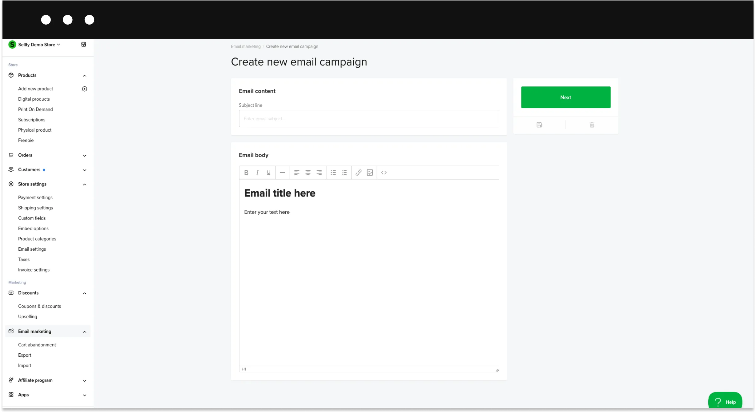 Sellfy email campaign