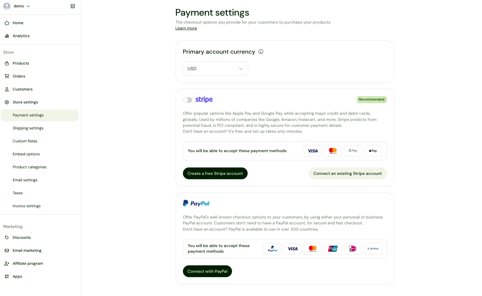 Sellfy payment settings