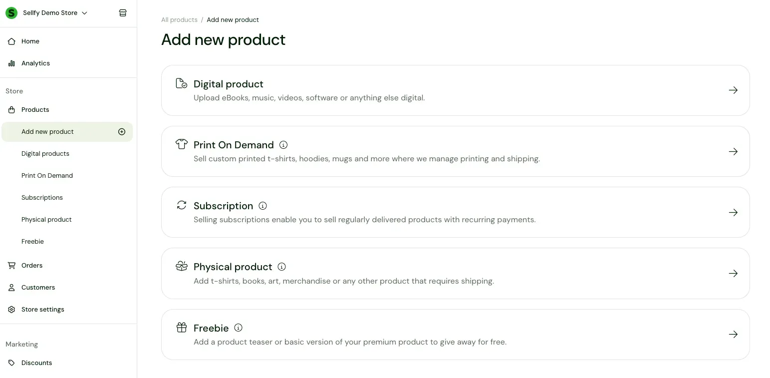 Sellfy product types