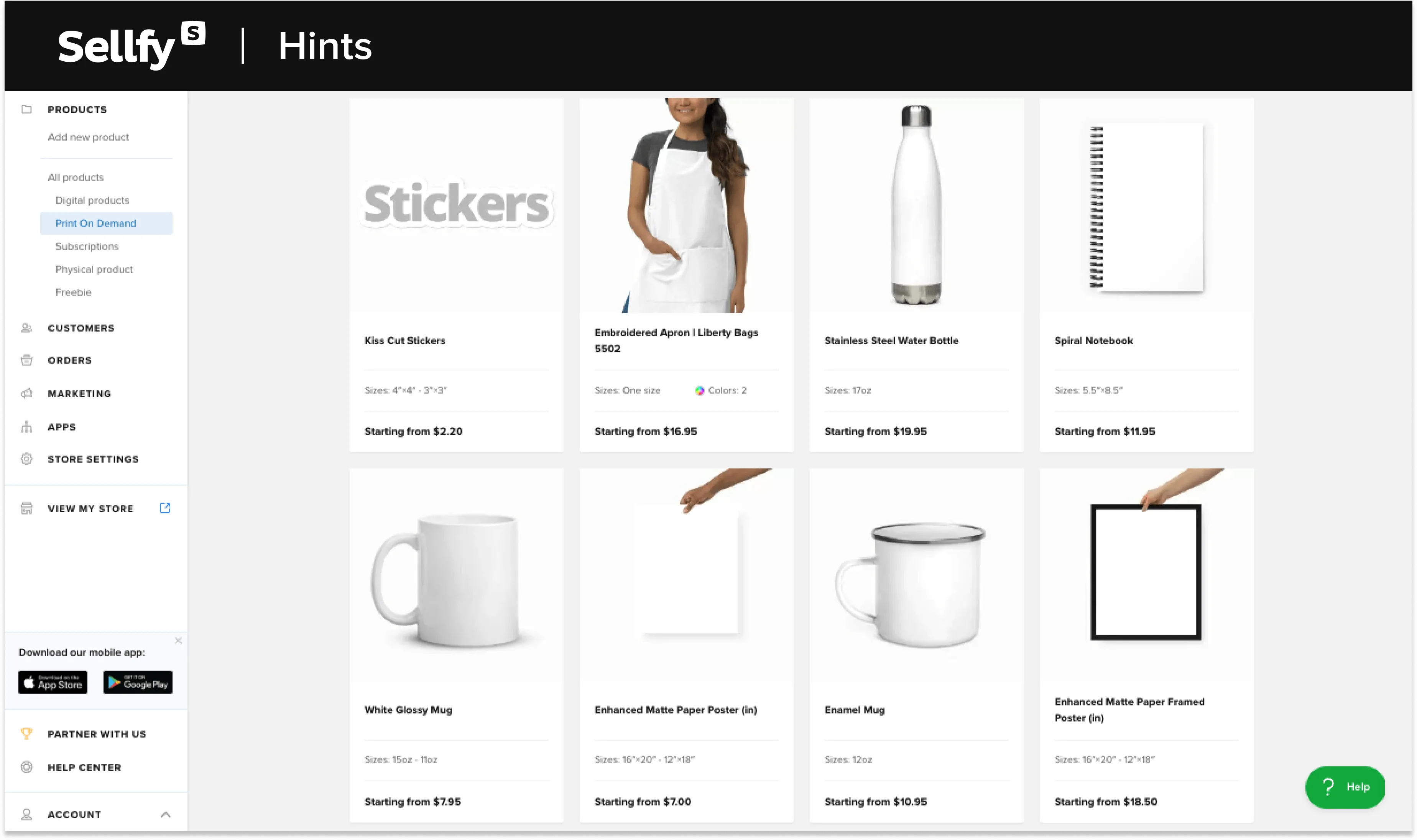 Sellfy's POD selection