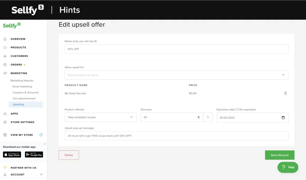 Sellfy's upselling feature