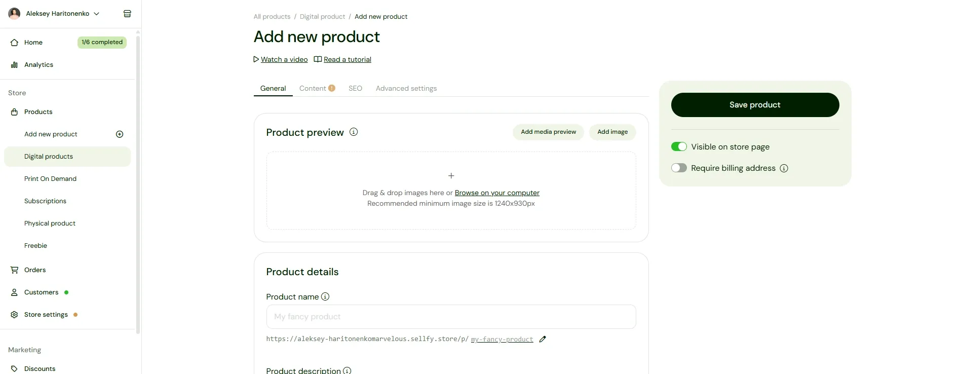 Pantalla de «Añadir nuevo producto» en Sellfy con la vista previa y los campos del producto