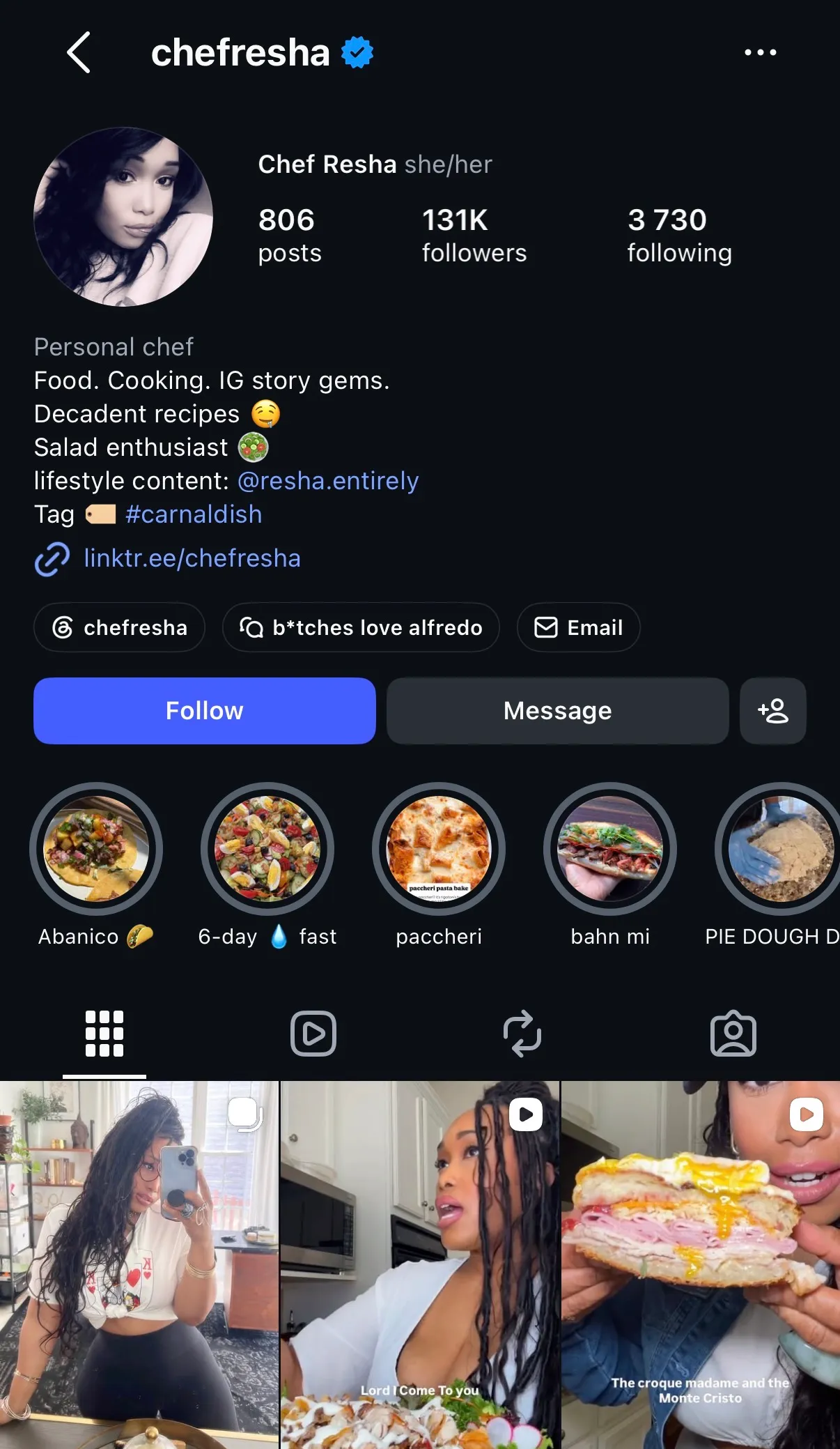 Chef Resha's CarnalDish Instagram profile with 131K followers