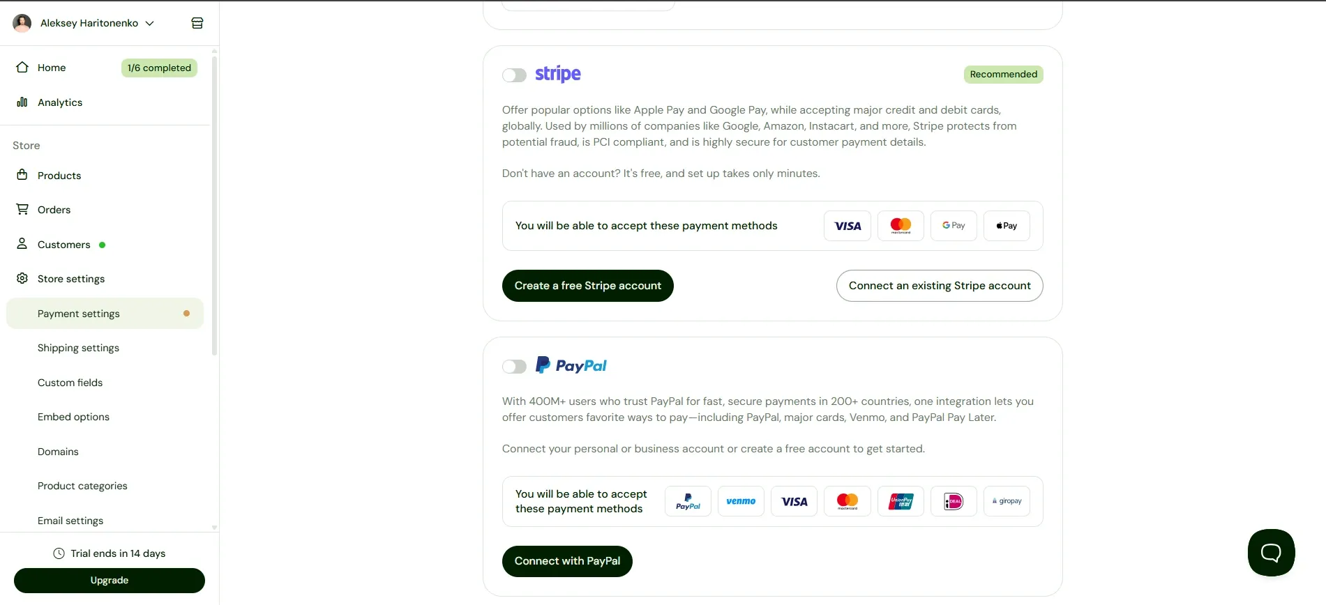 Ajustes de pago de Sellfy con la opción de conectar PayPal