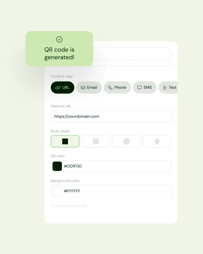 QR code generator customization panel with body shape and color options