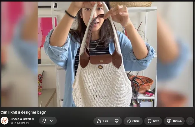 Davina's YouTube video of her attempt at knitting a Longchamp bag dupe