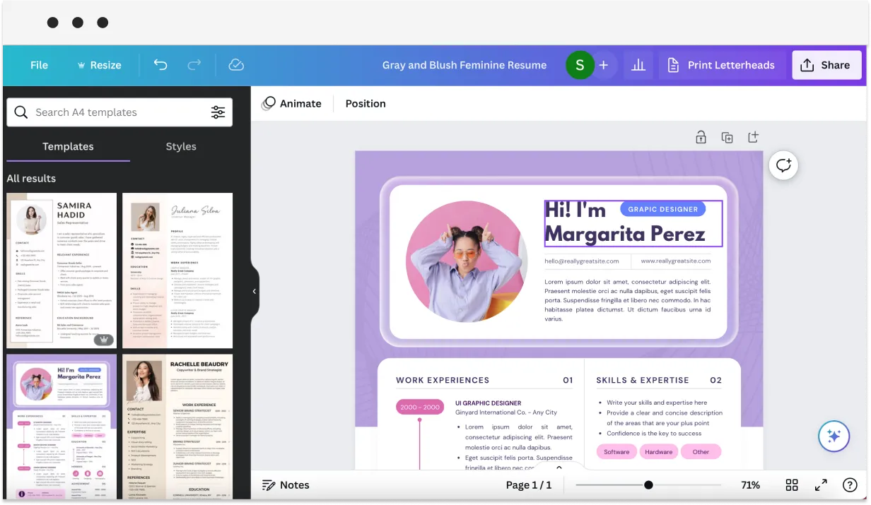 editing resume template in canva