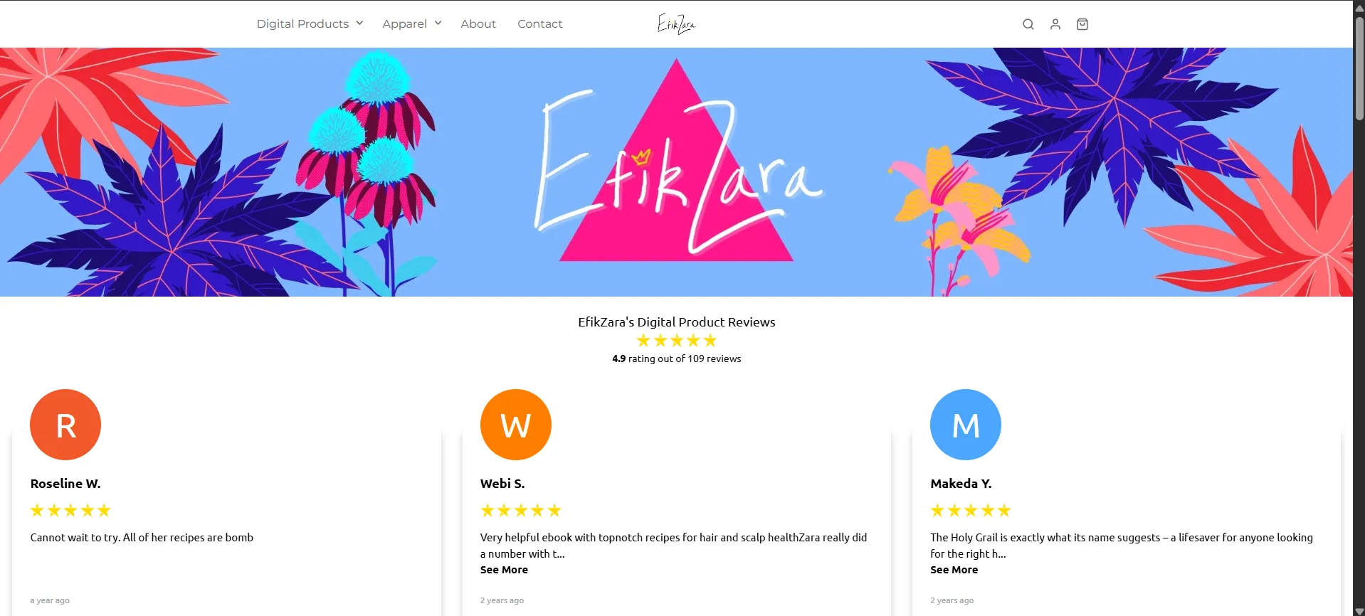 EfikZara haircare storefront with 4.9-star ebook reviews
