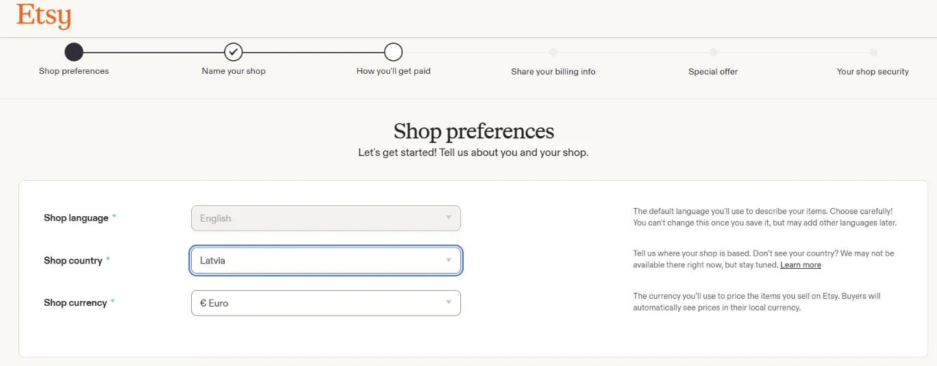 Etsy shop setup wizard