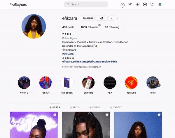 EfikZara's Instagram links directly to [her Sellfy store](https://efikzara.sellfy.store/)