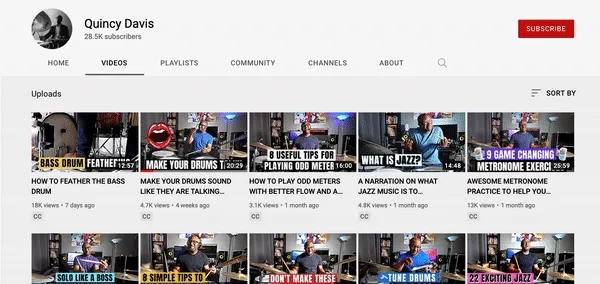 [Quincy's YouTube channel](https://www.youtube.com/c/qtip104Jazzdrumlessons/videos)