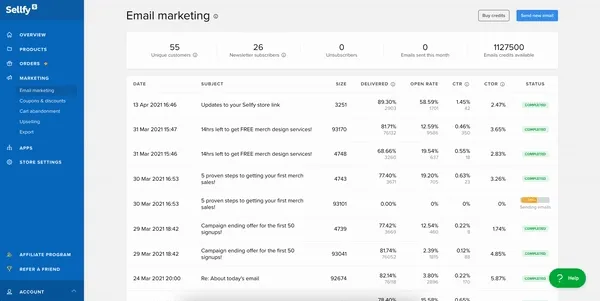 **Sellfy's email marketing feature demonstration in Sellfy Demo store**