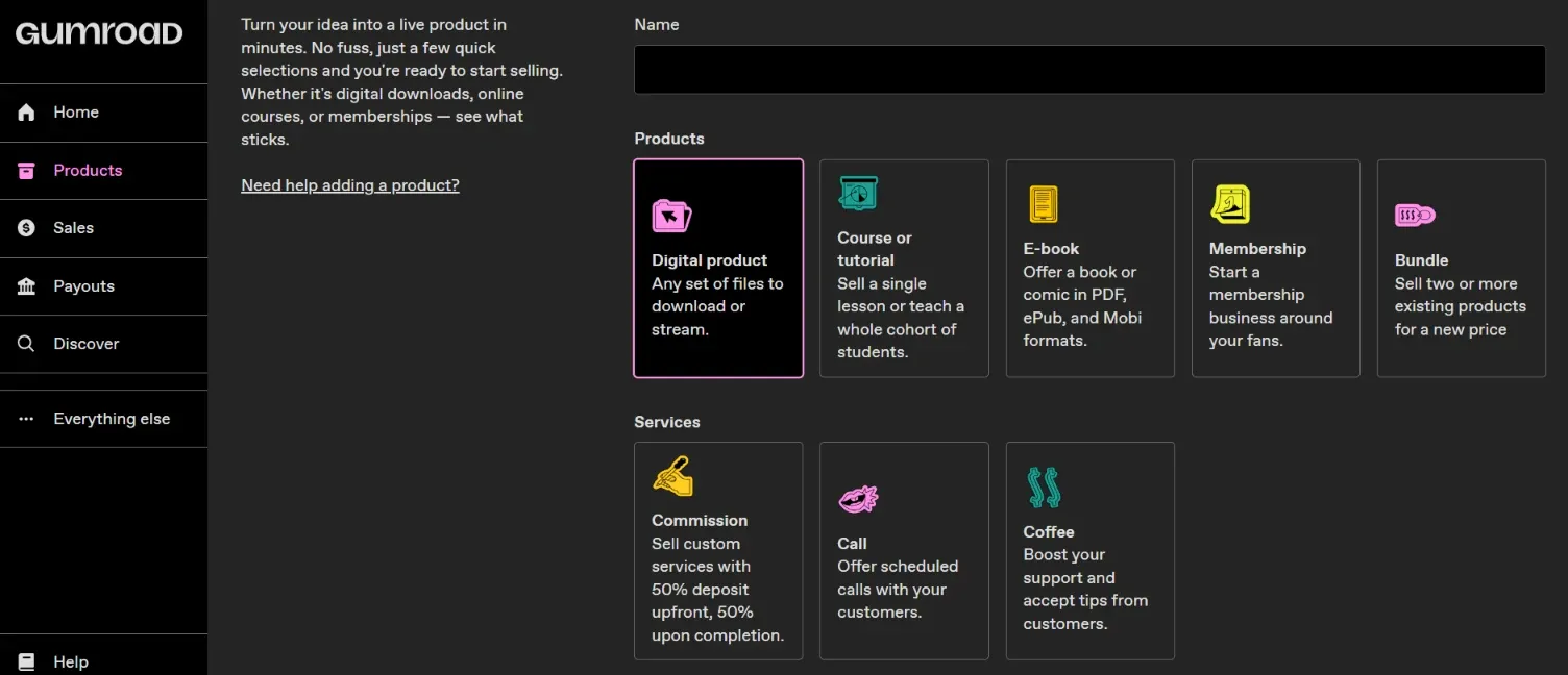Gumroad product type selector