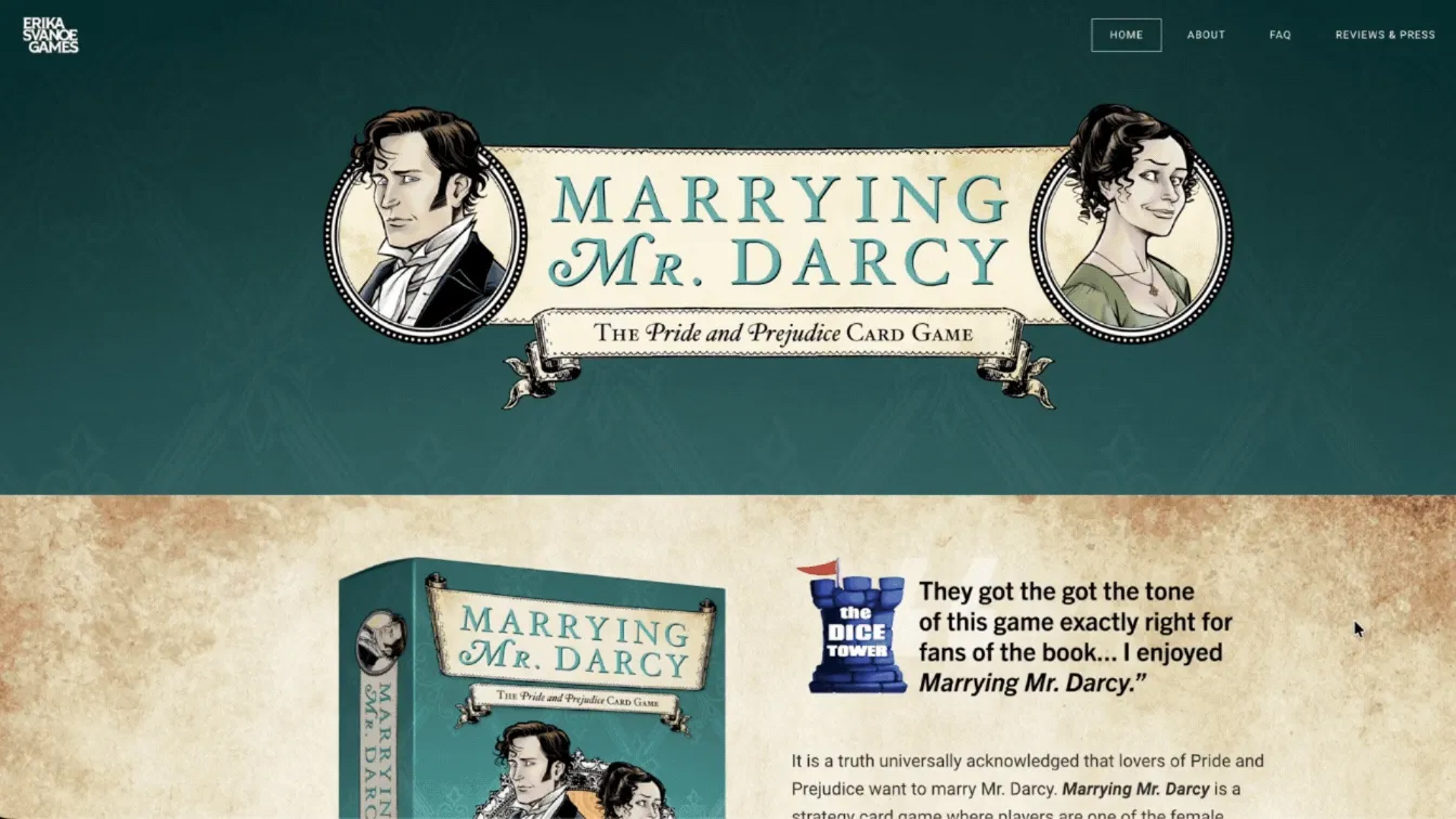 [Board game Marrying Mr.Darcy](https://www.marryingmrdarcy.com/), designed by Erika Svanoe and her husband Erik Evensen