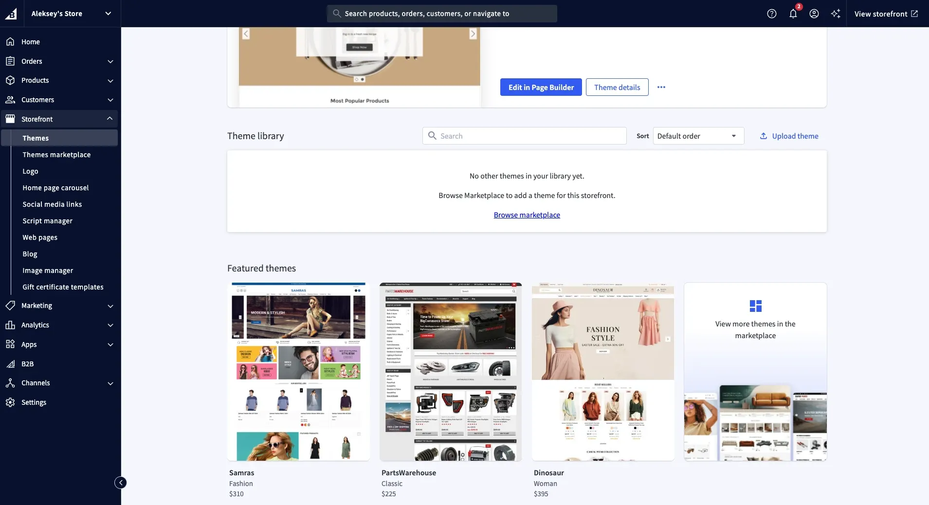 BigCommerce admin panel showing the Storefront themes screen