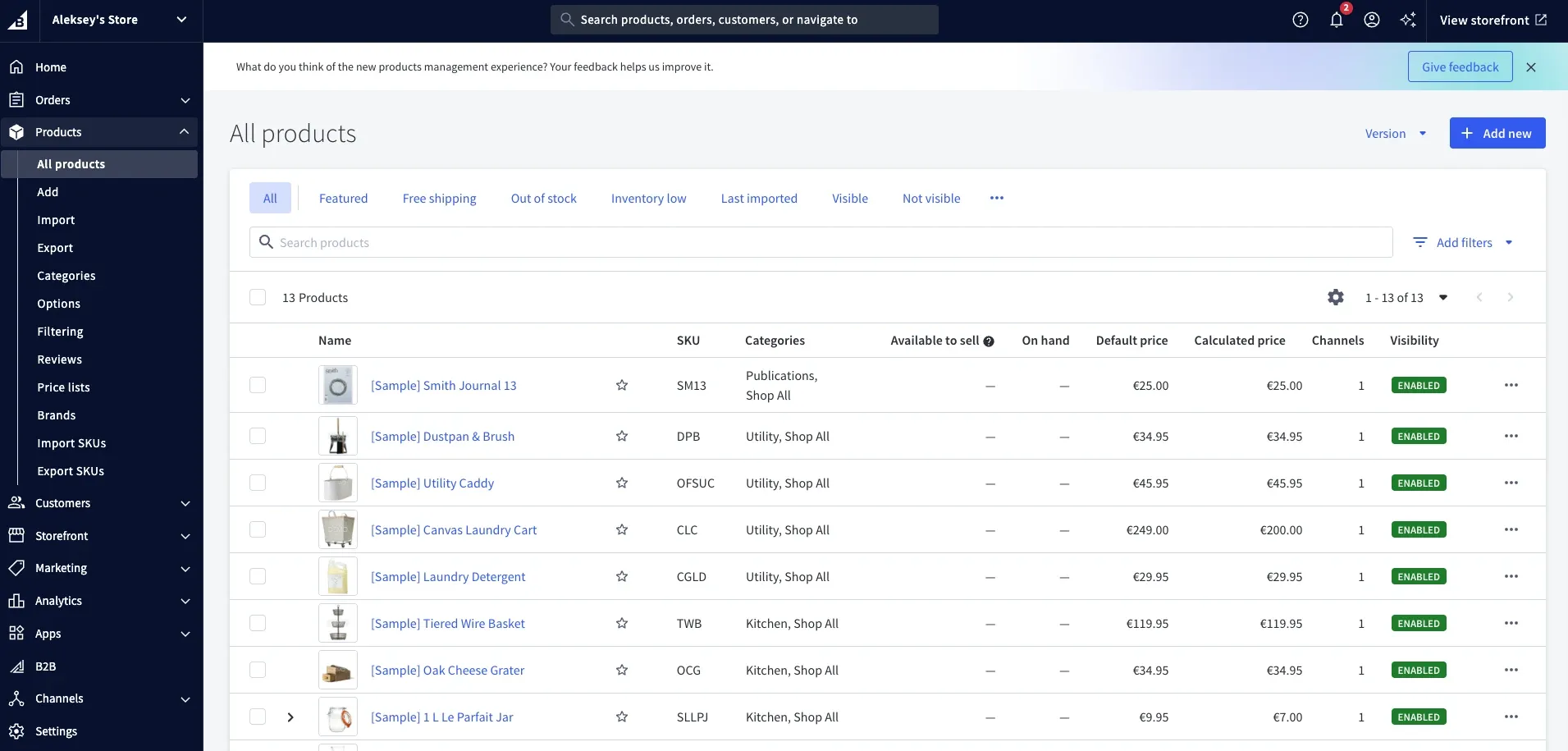 BigCommerce product catalog showing sample store products
