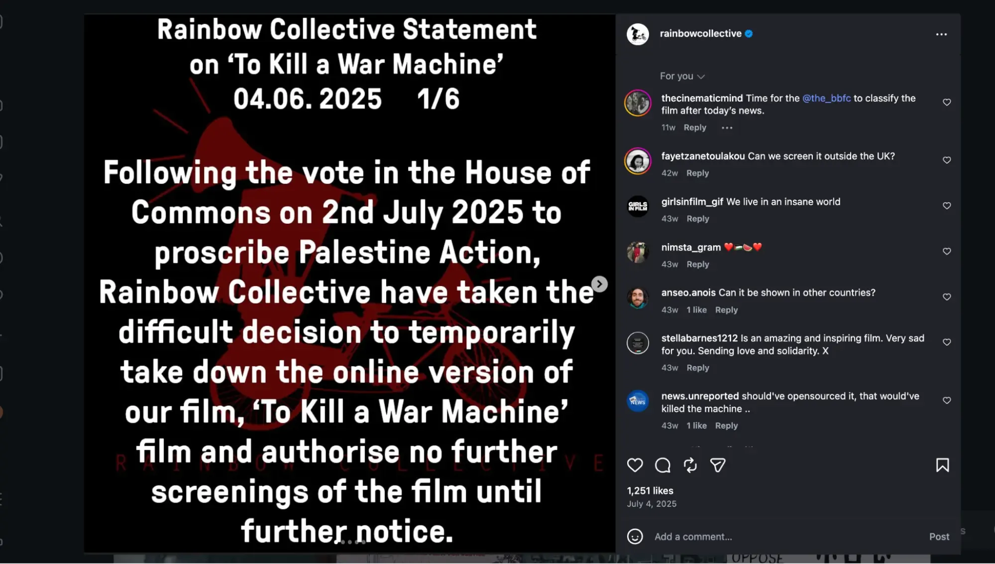 Statement from Rainbow Collective's Instagram account regarding the takedown of "To Kill a War Machine"