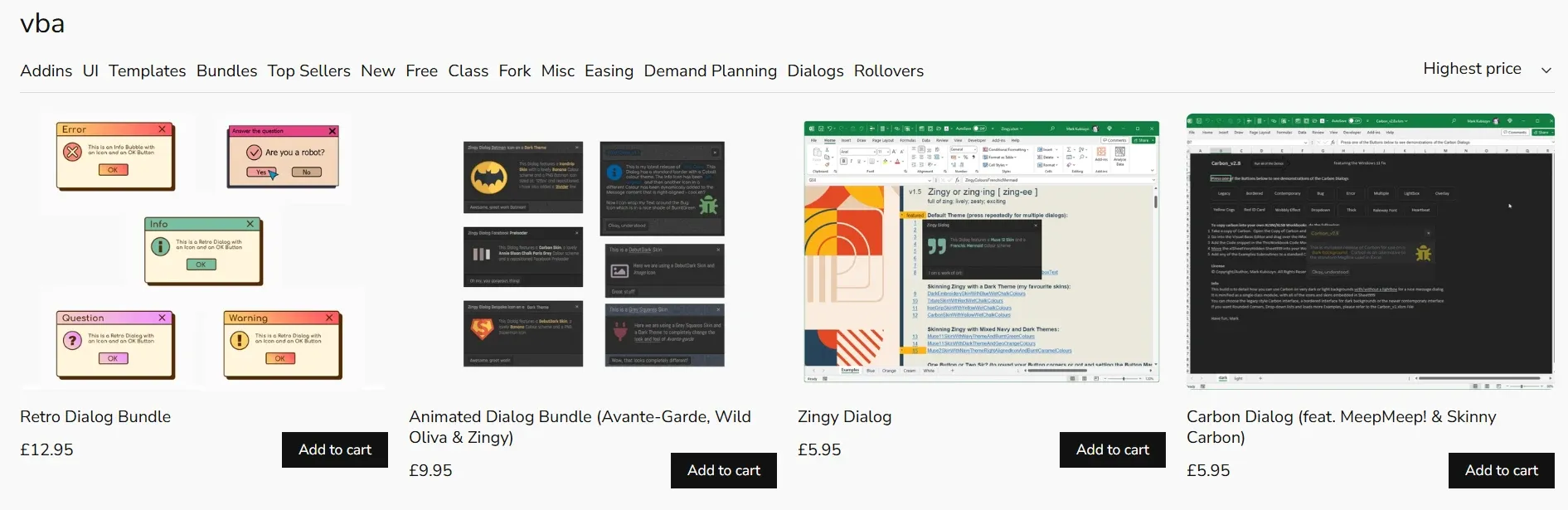 Here’s an example of a Sellfy store for Excel spreadsheets by [air.portal](https://airportal.sellfy.store/vba/). Notice the efficient categorization, allowing you to easily find what you are looking for.