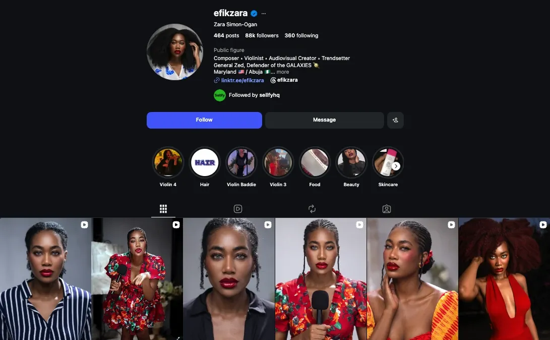 EfikZara beauty Instagram niche
