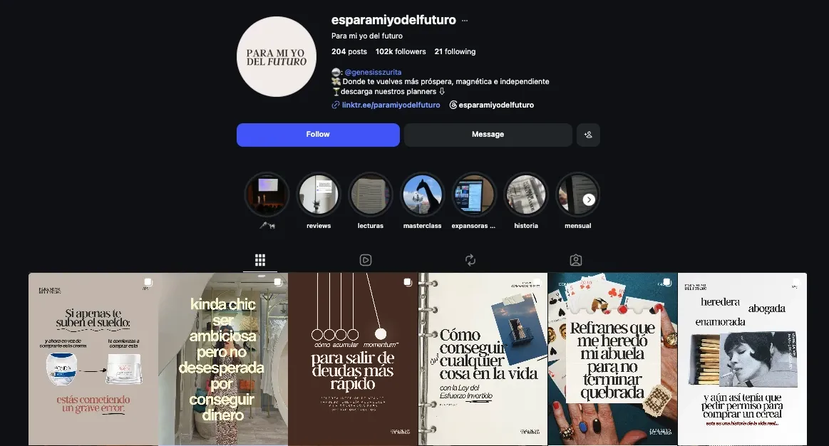 Para Mi Yo del Futuro personal finance Instagram niche