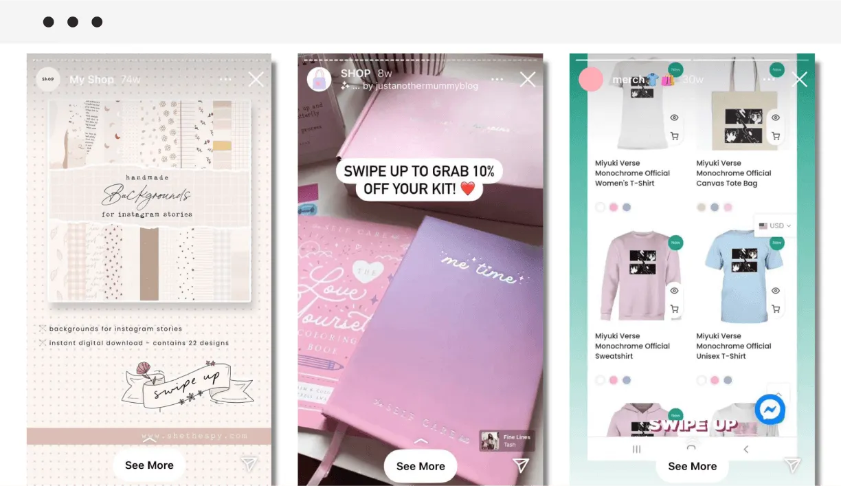 Examples of Instagram artists linking to their websites & promoting offers.
