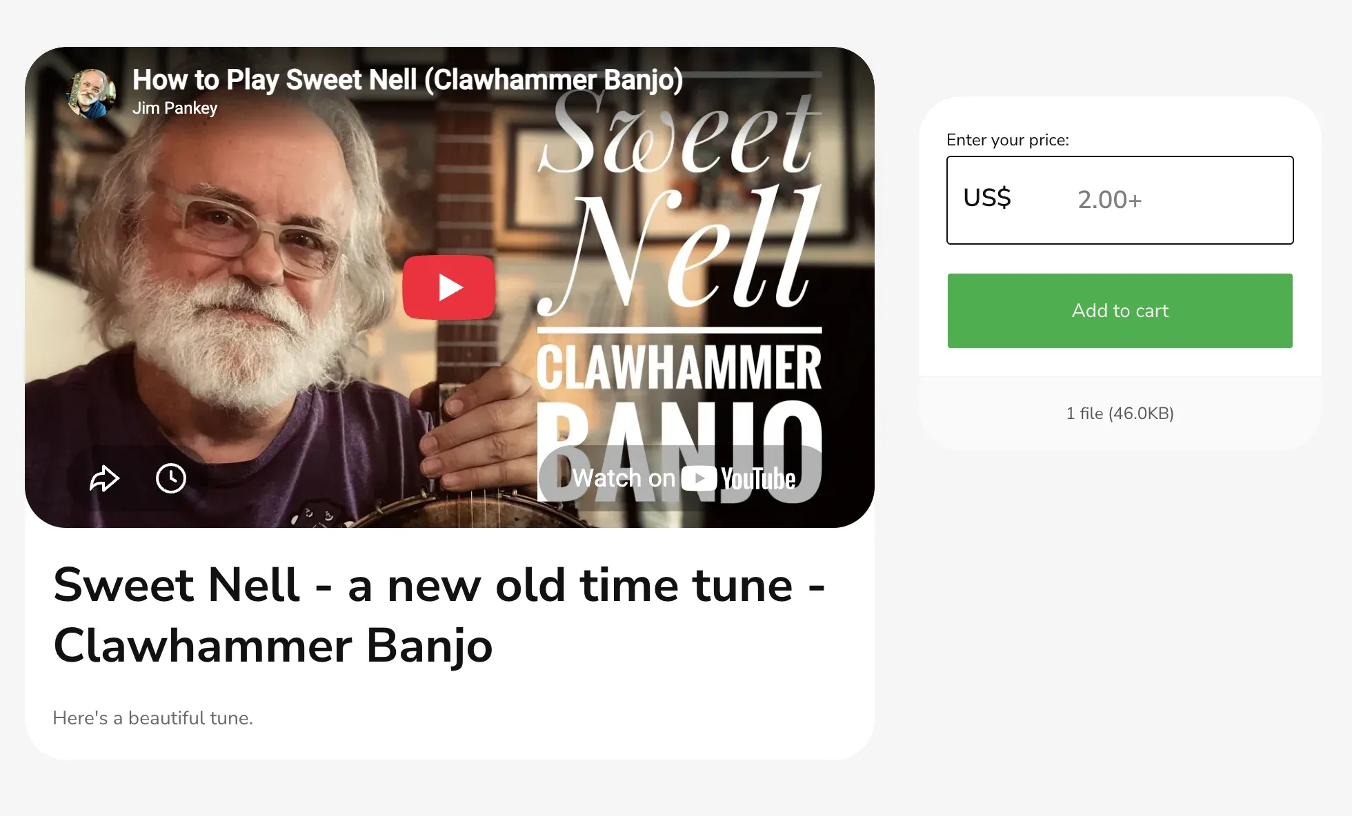 Jim Pankey's banjo tab product page with Pay What You Want pricing