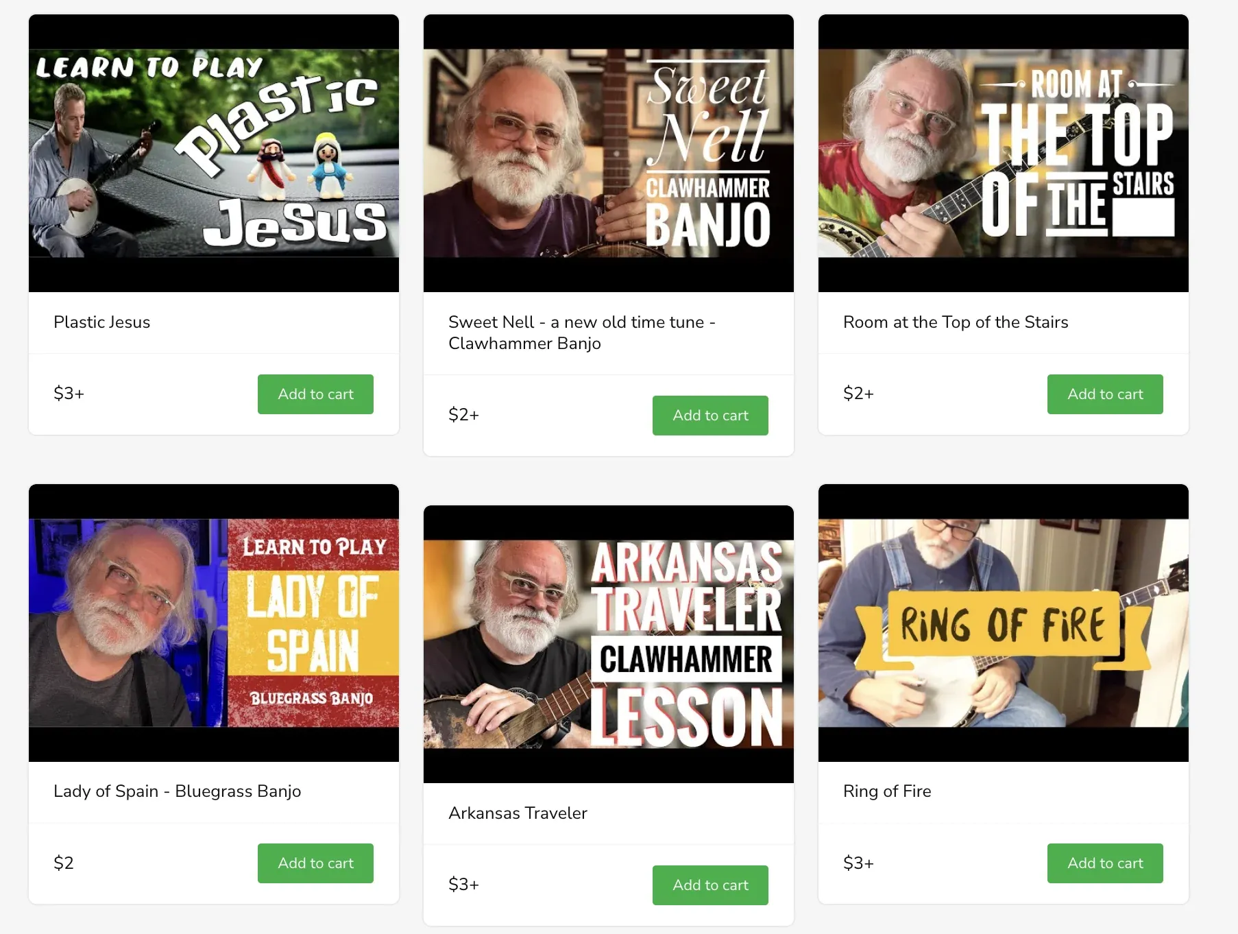 Screenshot of Jim Pankey's Sellfy store showing his banjo tab products