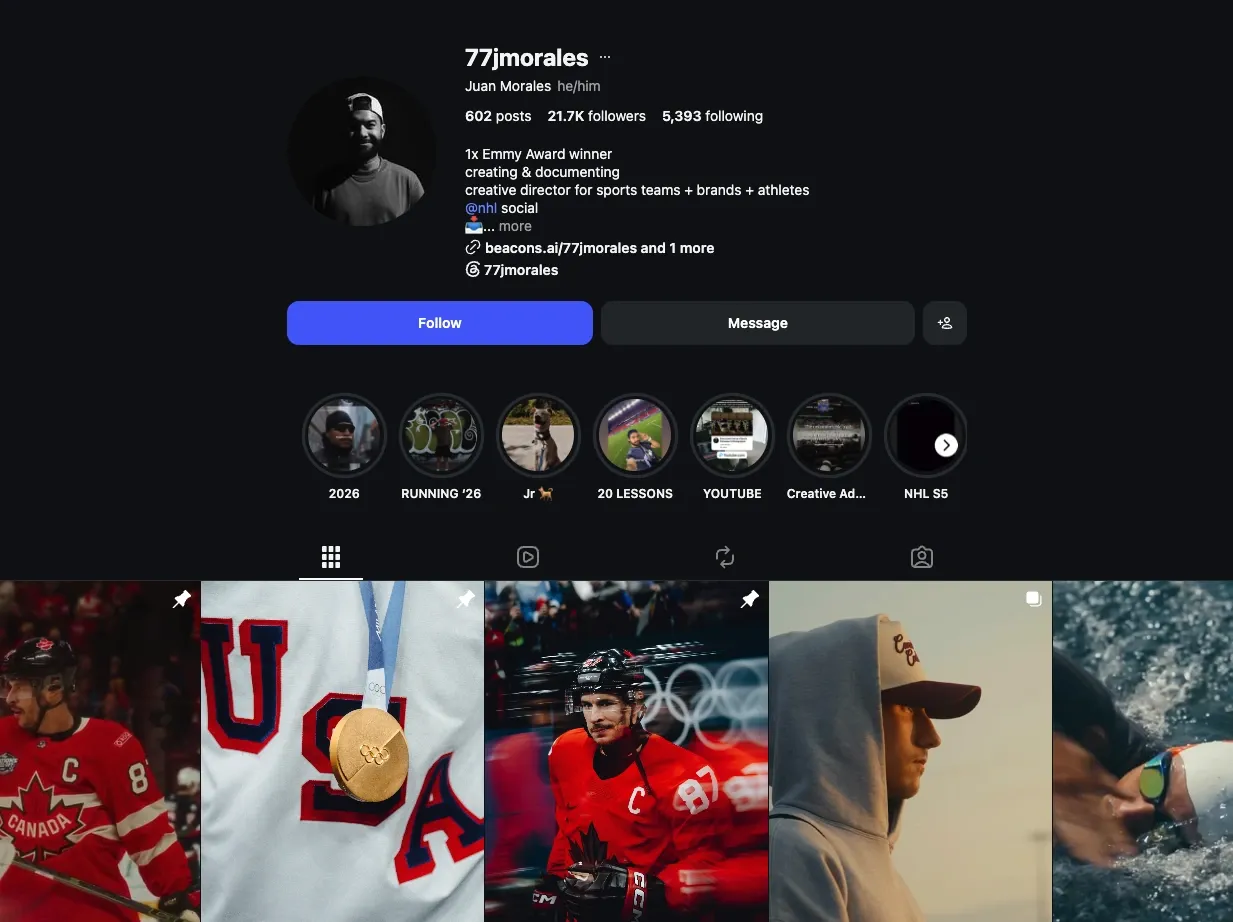 Juan Morales' Instagram profile @77jmorales, showing 21.7K followers