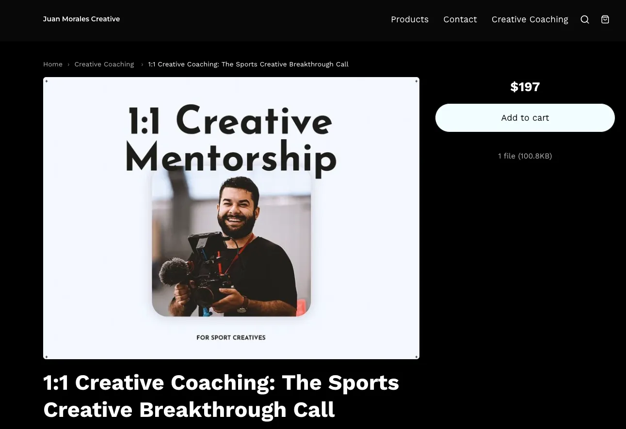 Juan Morales' 1:1 Creative Mentorship product page on Sellfy, priced at $197