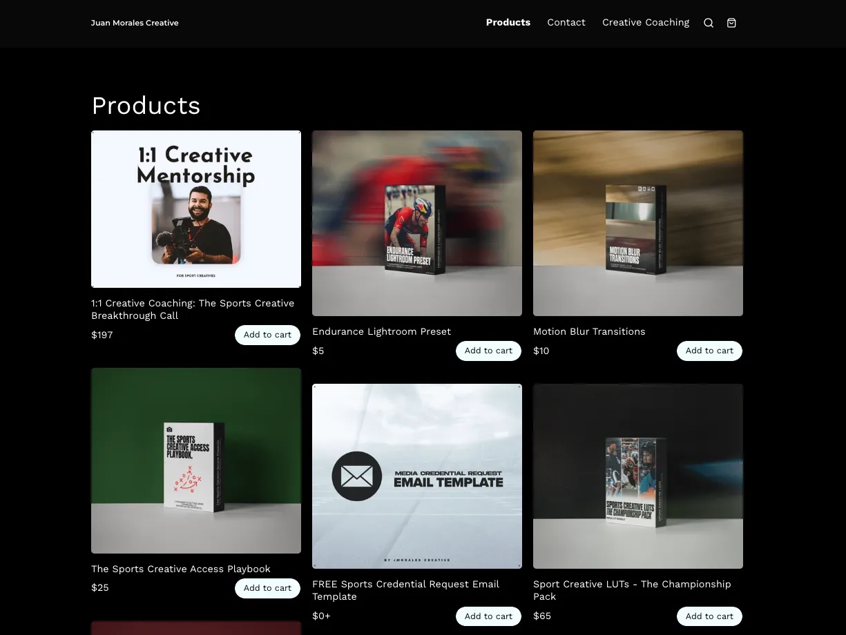 Products listed on Juan Morales' Sellfy store, including LUTs, presets, and guides
