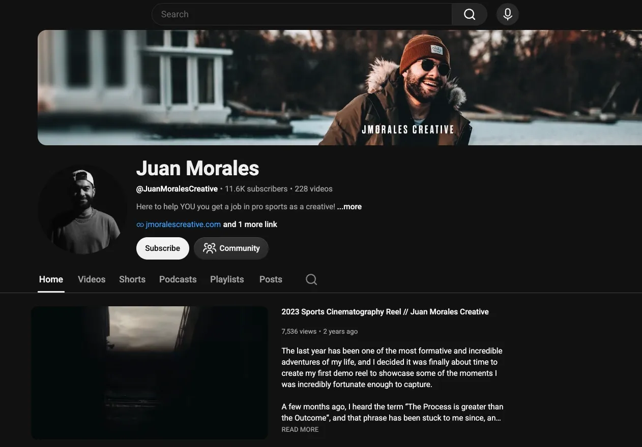 Juan Morales Creative's YouTube channel homepage, showing over 11.6K subscribers