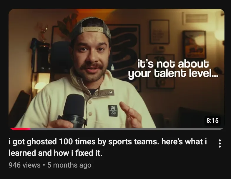 Juan Morales' YouTube video titled "i got ghosted 100 times by sports teams. here's what i learned and how i fixed it."
