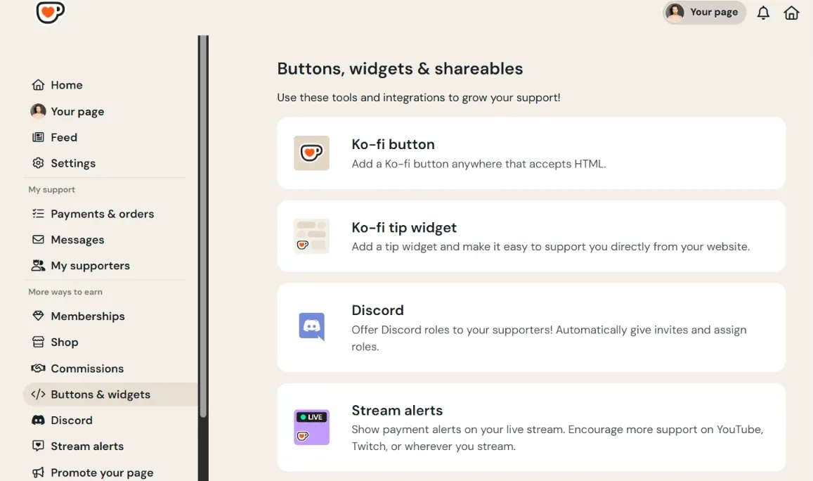 Ko-fi buttons and widgets dashboard