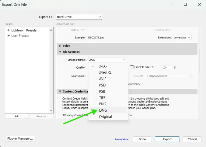 Exporting a Lightroom preset as a DNG file for mobile