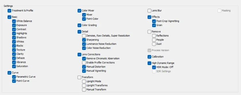Lightroom preset settings checklist