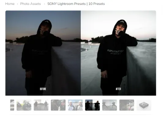 Before-and-after preview images for a Lightroom preset pack