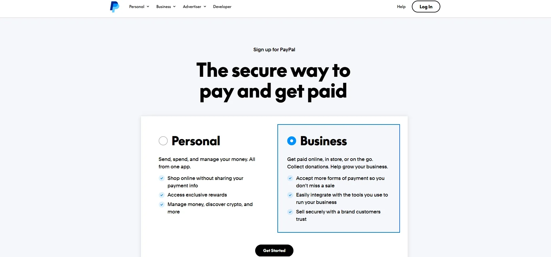 Pantalla de registro de PayPal con las opciones de cuenta Personal y Business, con Business seleccionada