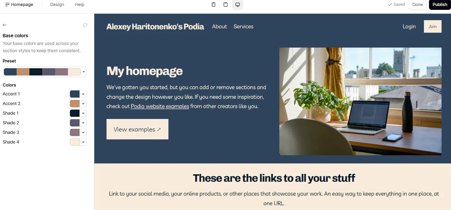 Podia homepage editor